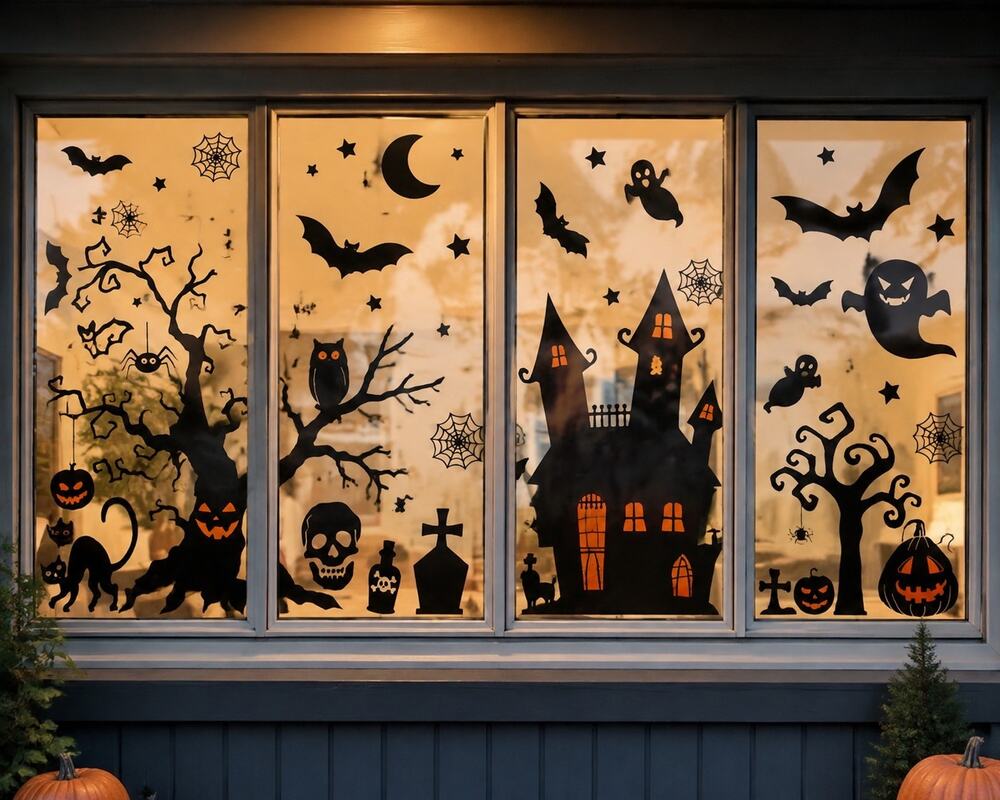Halloween Window Silhouettes Static cling stickers Haunted Tree House Grave Yard